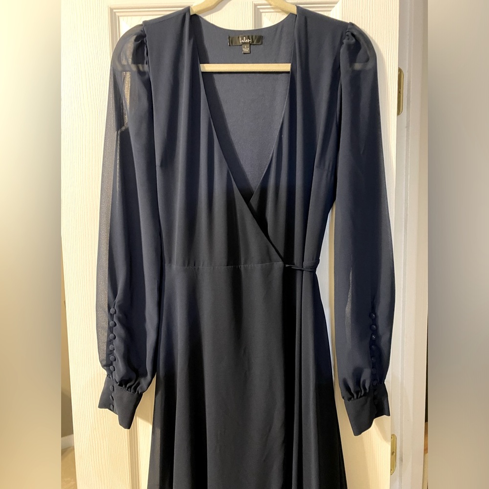 Lulus “My Whole Heart” Dark Navy Blue Long Sleeve Wrap Dress. Size Large.